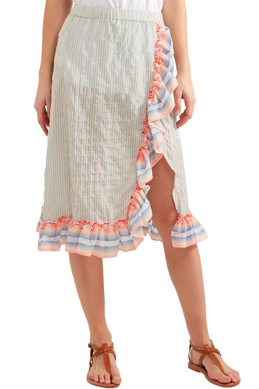 LEMLEM Wrap-effect ruffled striped cotton-blend skirt