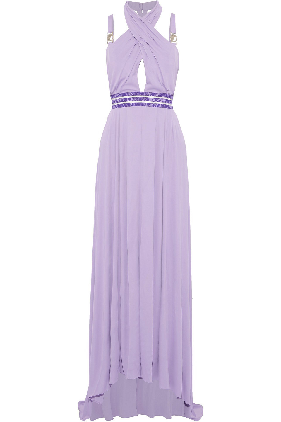 Versace Collection Woman Cutout Jacquard-trimmed Pleated Crepe De Chine Gown Lavender Size 42