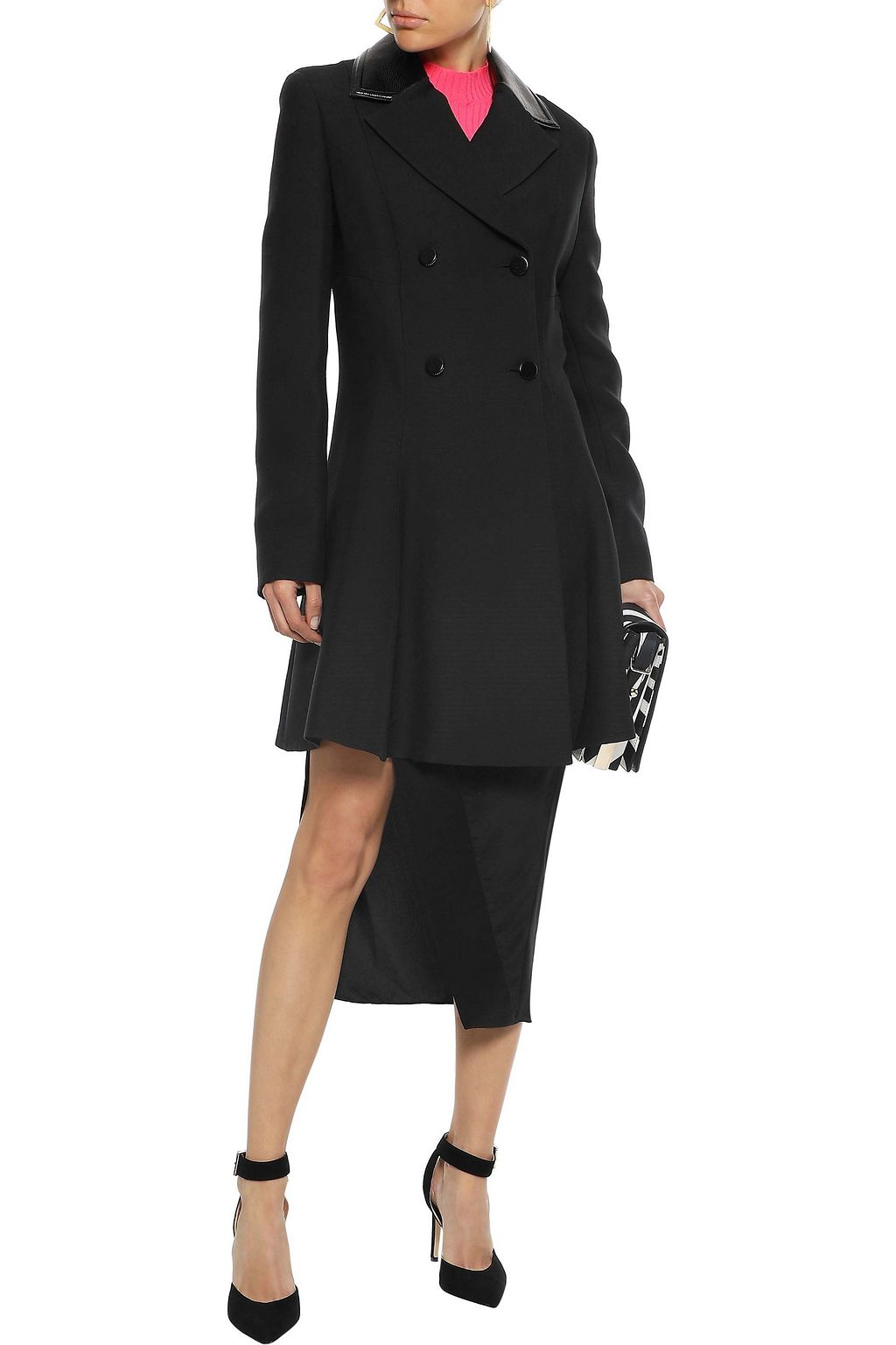 VERSACE Patent leather-trimmed wool and silk-blend coat