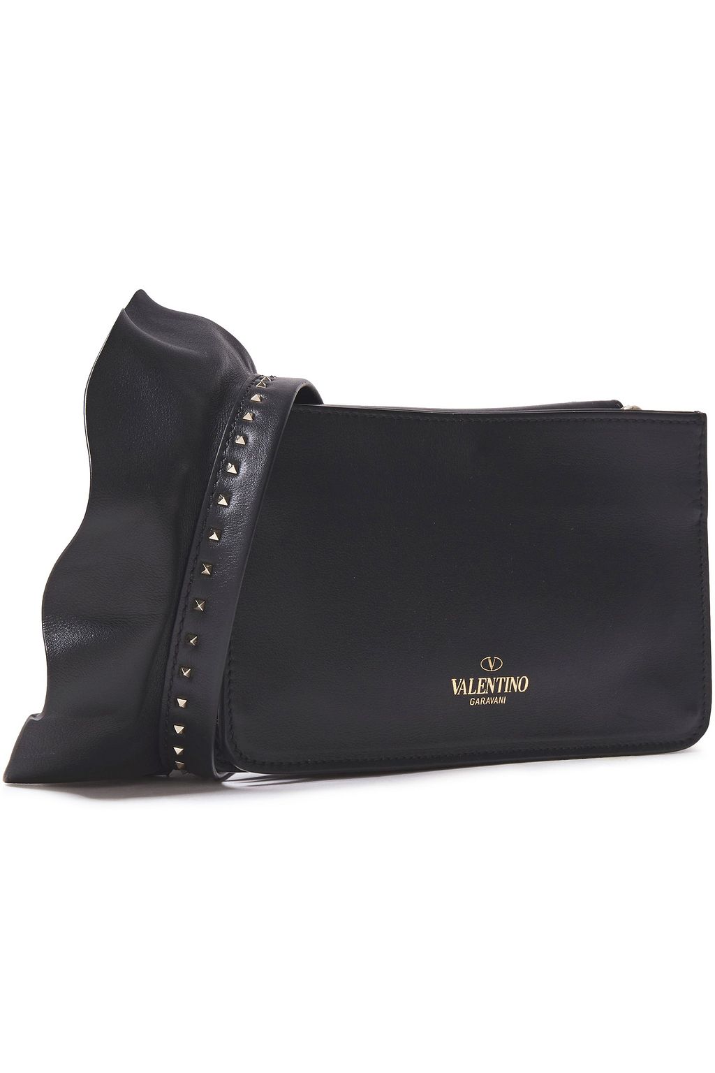 VALENTINO GARAVANI Ruffle-trimmed appliquéd leather clutch