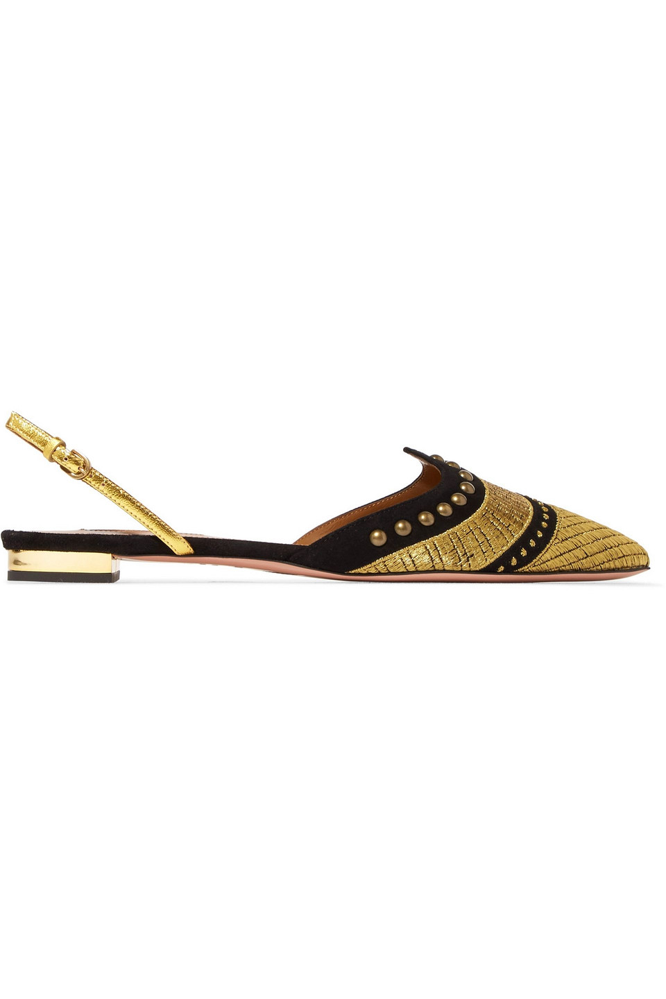Aquazzura Woman Studded Metallic Embroidered Suede Point-toe Flats Gold Size 37
