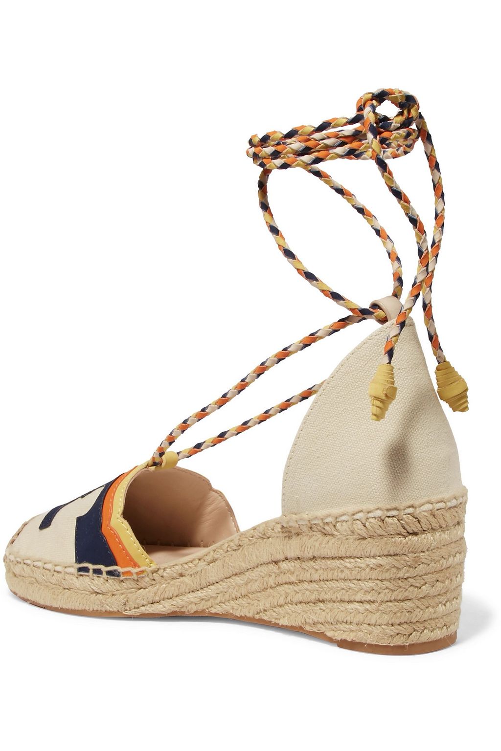TORY BURCH Laguna leather-trimmed canvas wedge espadrilles