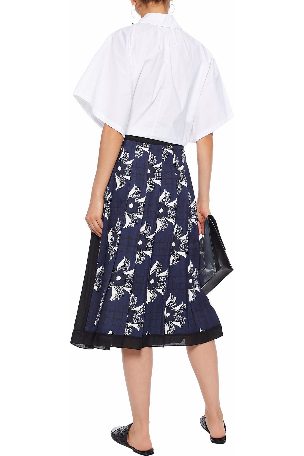 VICTORIA BECKHAM Pleated chiffon-trimmed printed twill midi skirt