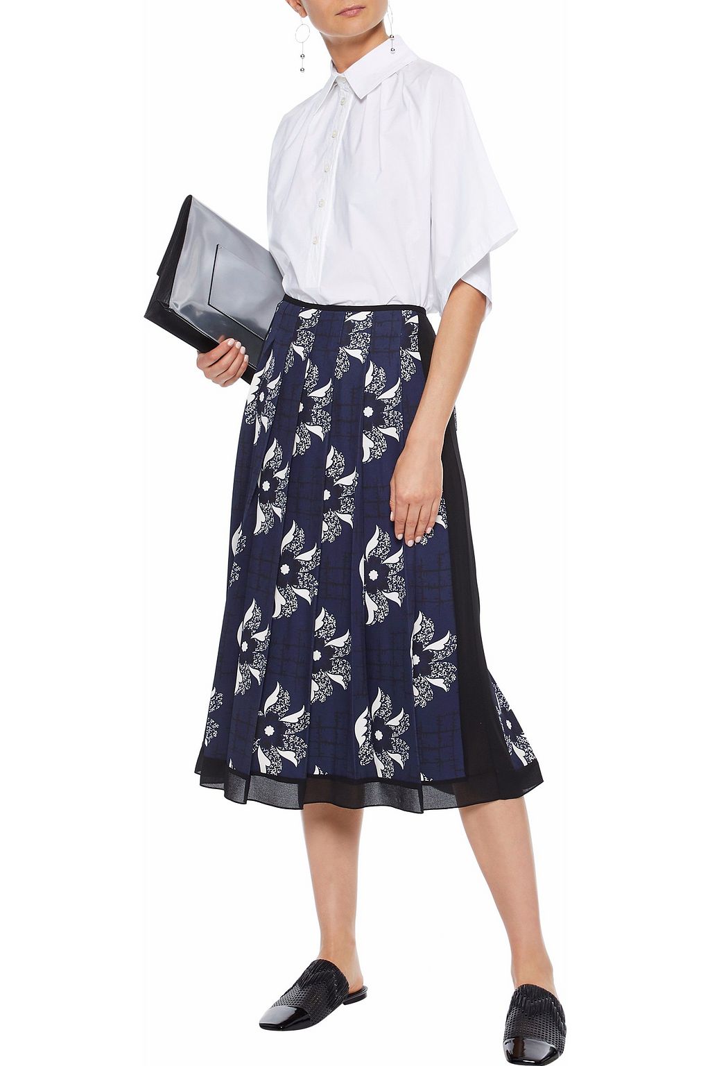 VICTORIA BECKHAM Pleated chiffon-trimmed printed twill midi skirt