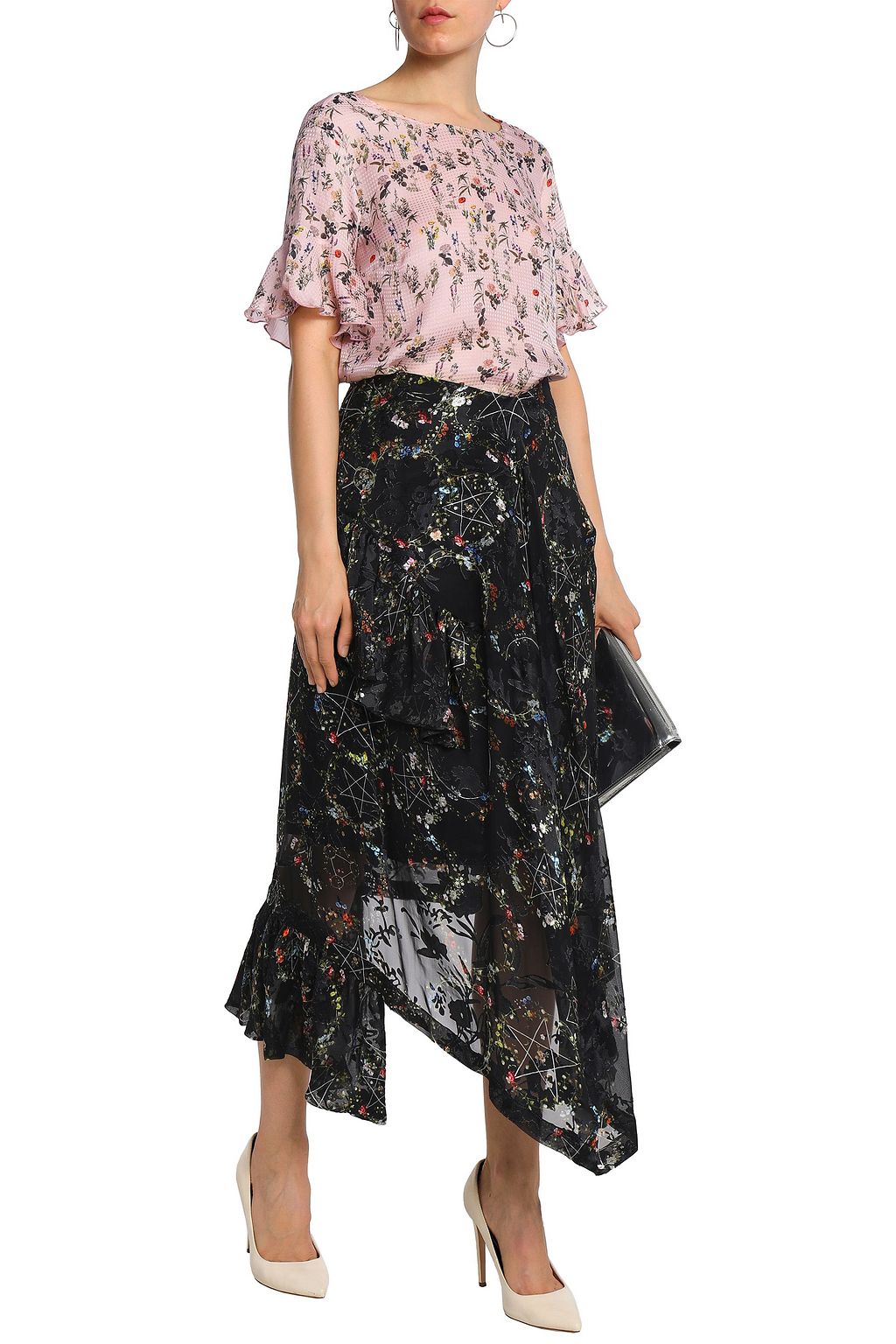 PREEN BY THORNTON BREGAZZI Asymmetric floral-print devoré silk-blend chiffon skirt