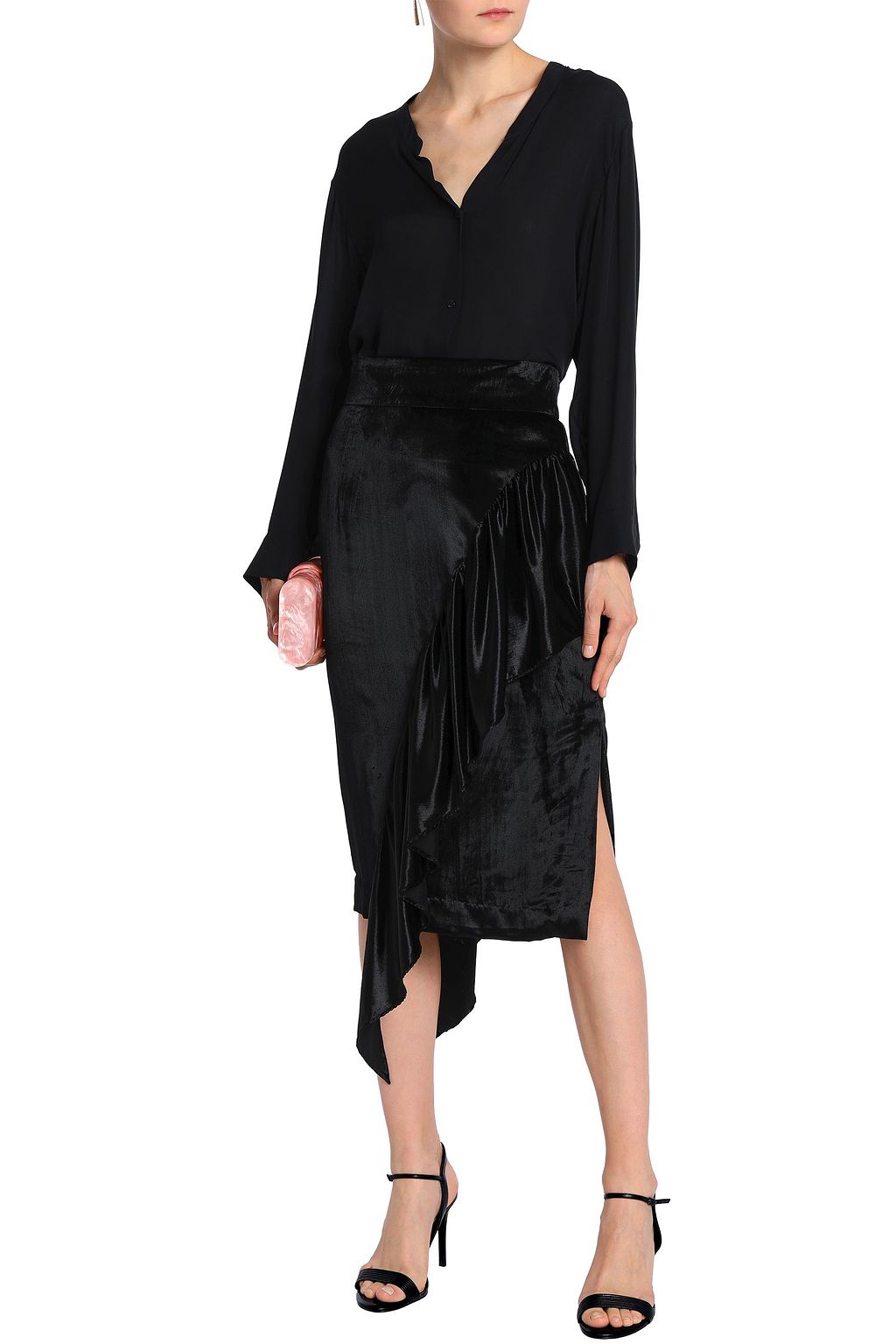 MILLY Angelina asymmetric ruffled velvet skirt