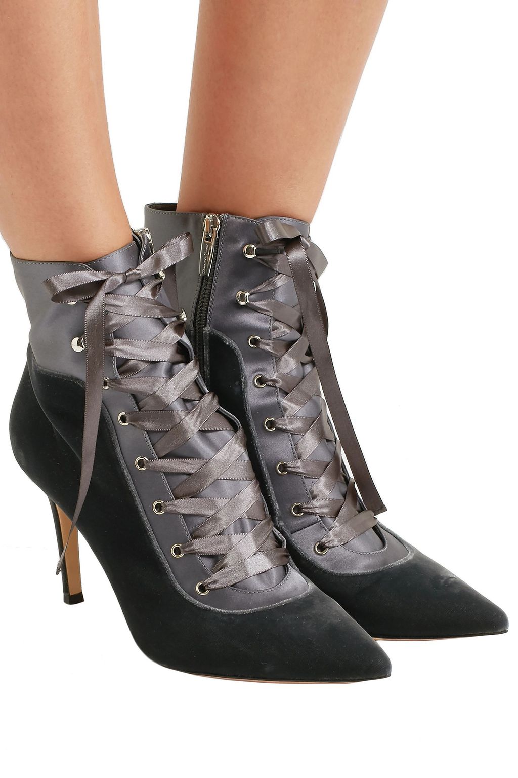GIANVITO ROSSI Lace-up velvet and satin ankle boots