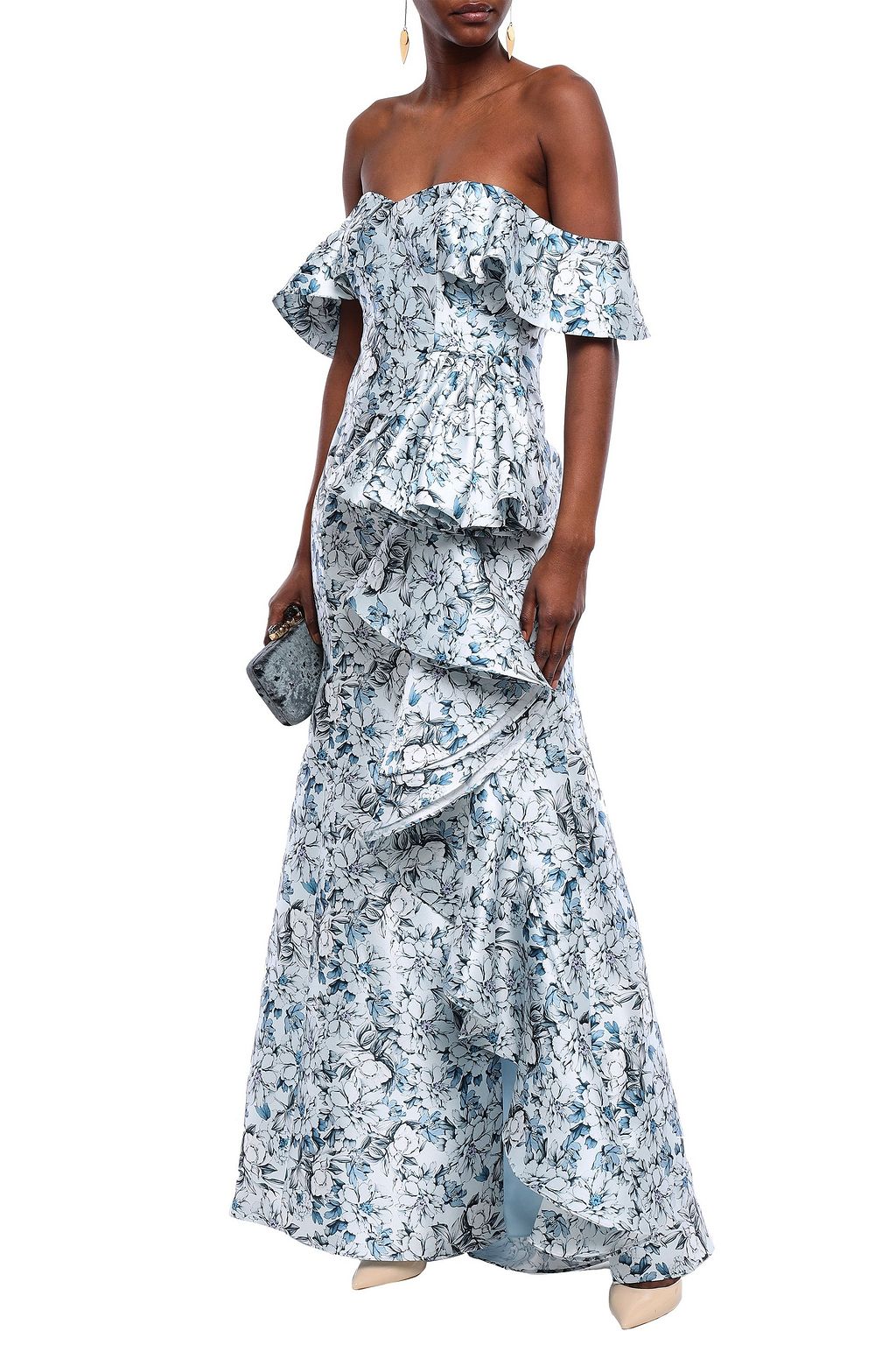 BADGLEY MISCHKA Off-the-shoulder ruffled floral-print faille gown