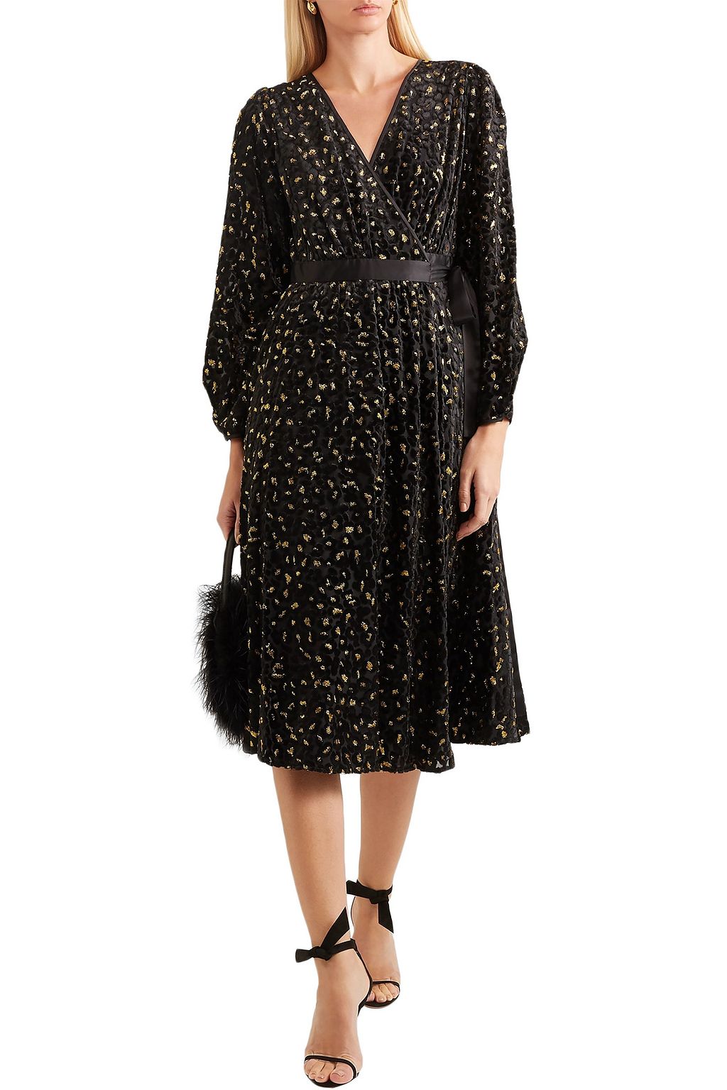 DIANE VON FURSTENBERG サテントリム メタリックフロック加工シフォン ラップドレス