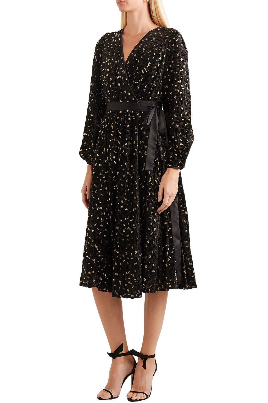 DIANE VON FURSTENBERG サテントリム メタリックフロック加工シフォン ラップドレス