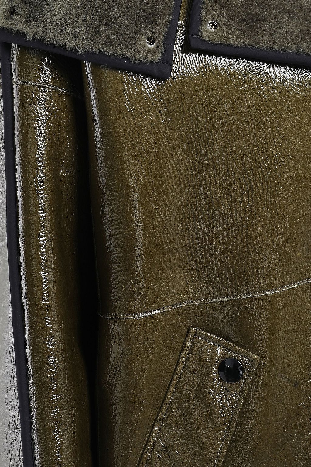 YVES SALOMON Shearling-trimmed crinkled glossed-leather hooded coat