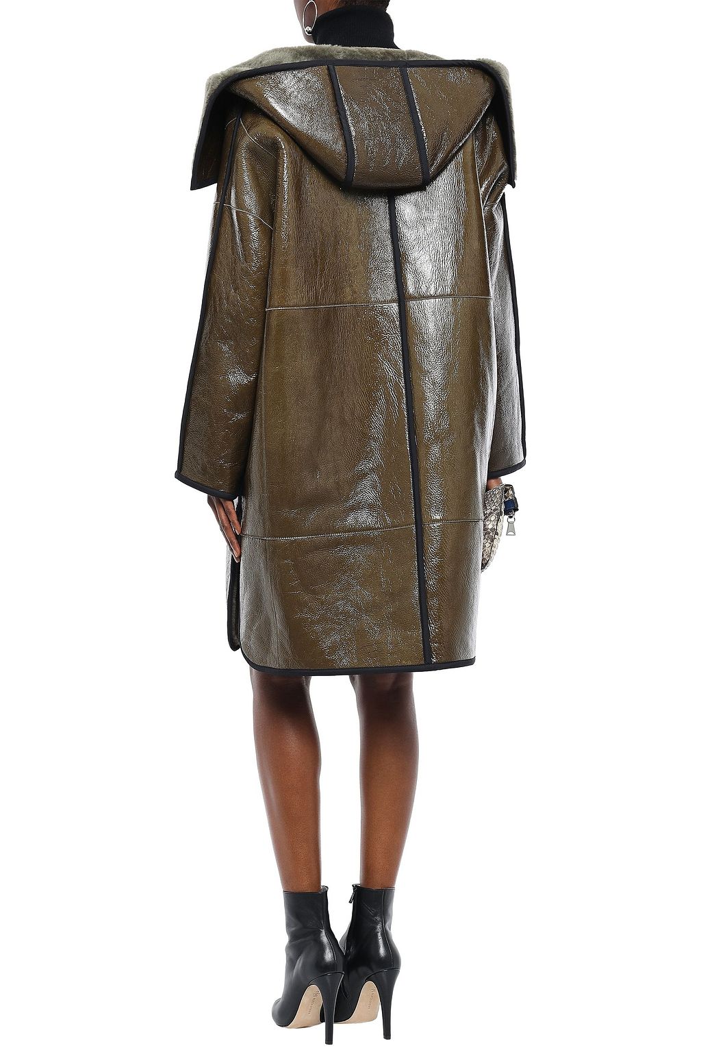 YVES SALOMON Shearling-trimmed crinkled glossed-leather hooded coat