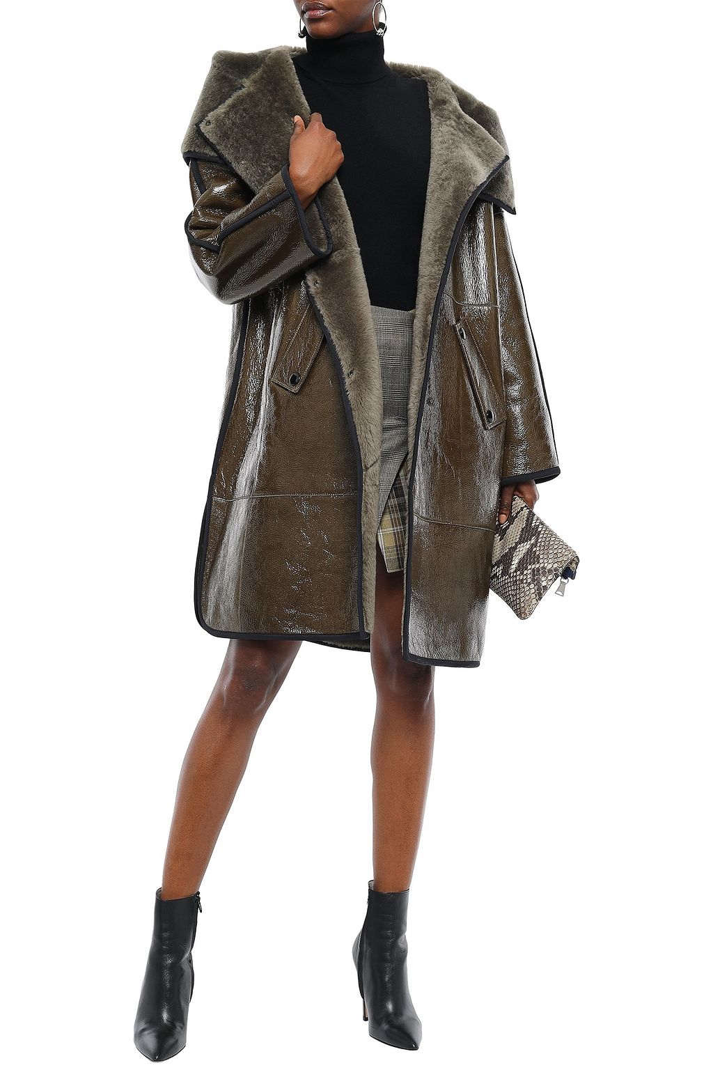 YVES SALOMON Shearling-trimmed crinkled glossed-leather hooded coat