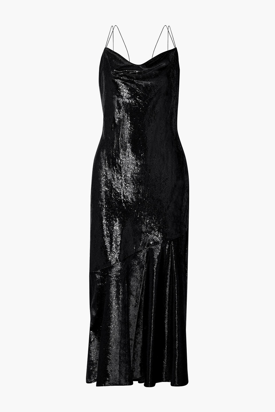 rachel zoe - lolita draped metallic velvet midi dress - black - us 12
