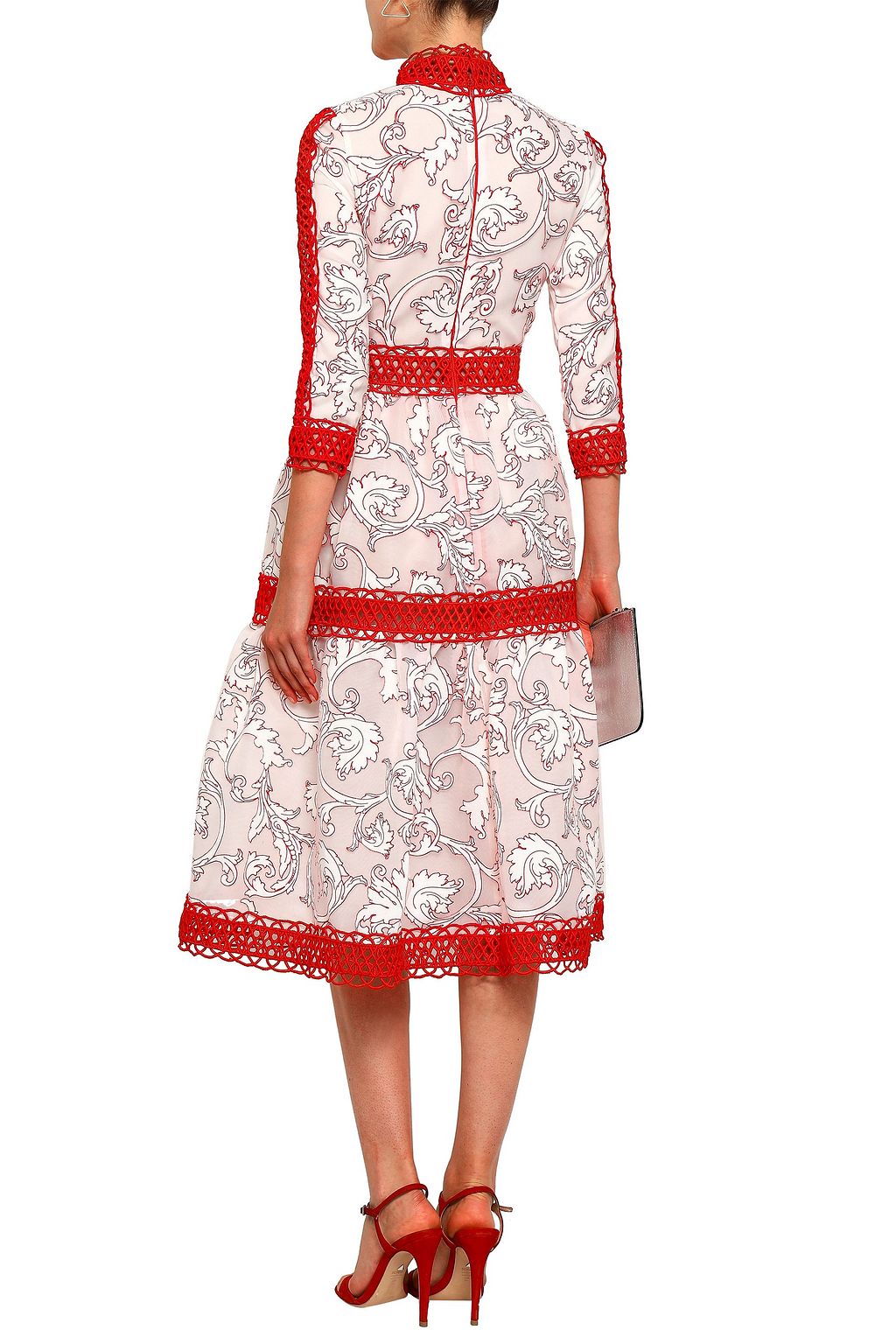 COSTARELLOS Crochet-trimmed flared fil coupé midi dress