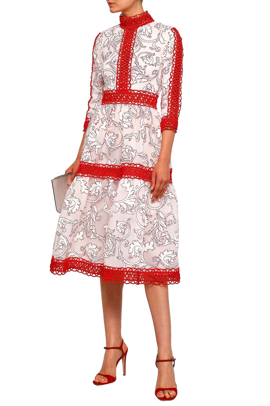 COSTARELLOS Crochet-trimmed flared fil coupé midi dress