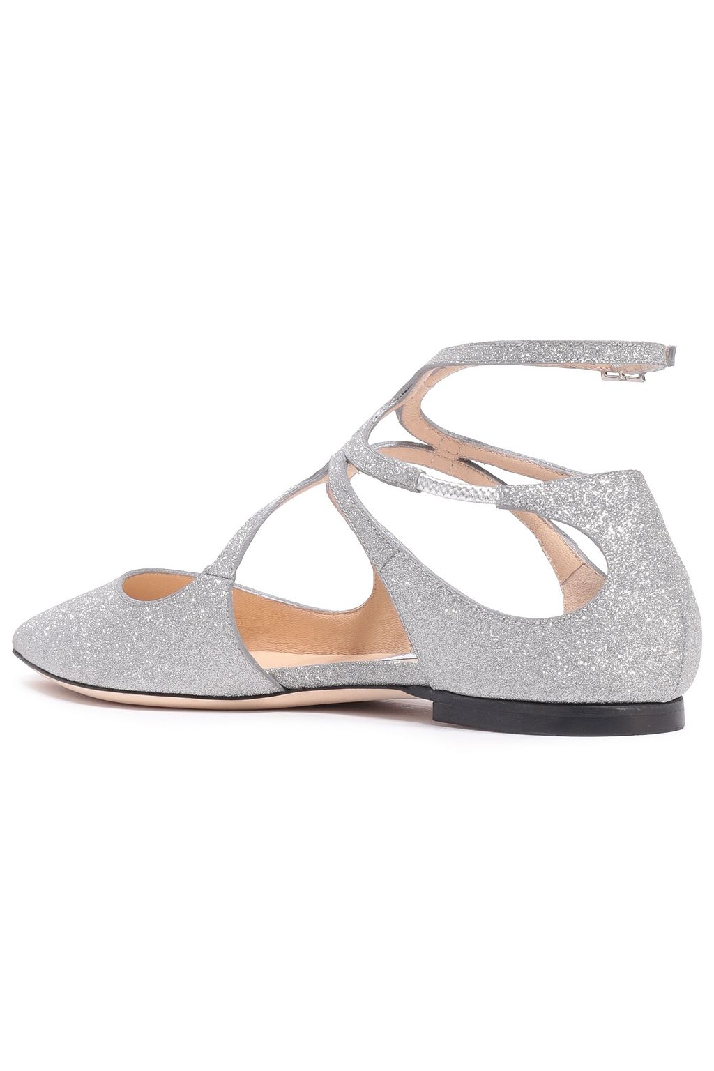 JIMMY CHOO Lancer cutout glittered leather point-toe flats
