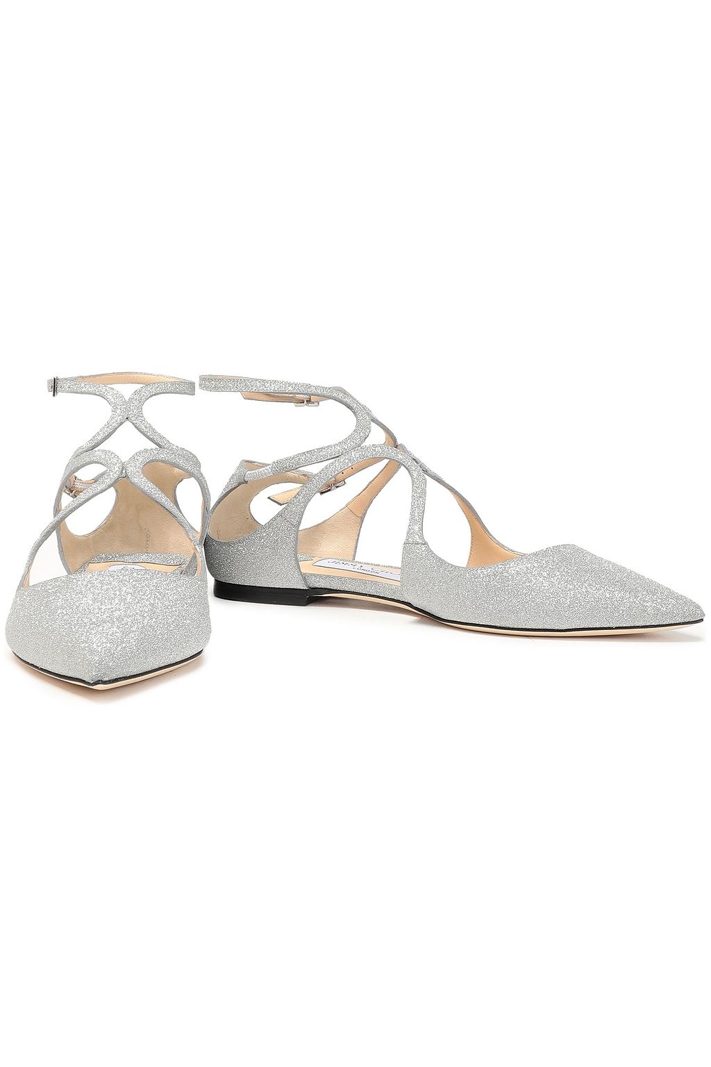 JIMMY CHOO Lancer cutout glittered leather point-toe flats