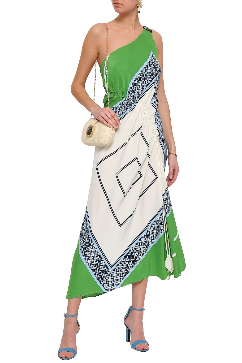 TORY BURCH One-shoulder ruched printed silk midi dress