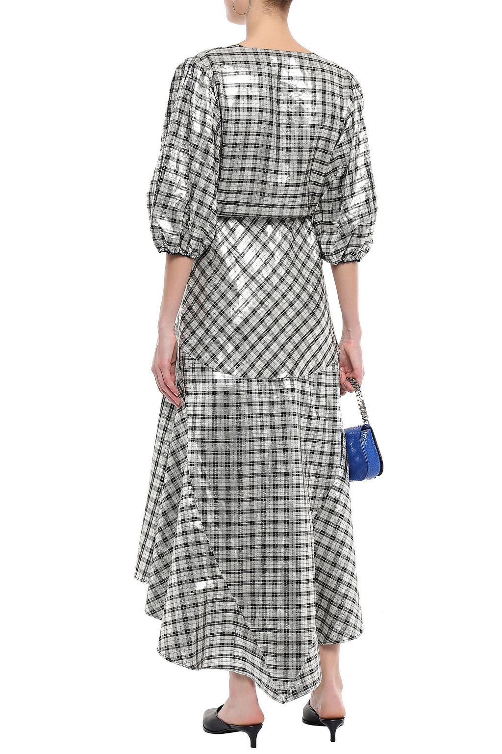 GANNI Checked silk-blend lamé midi wrap dress