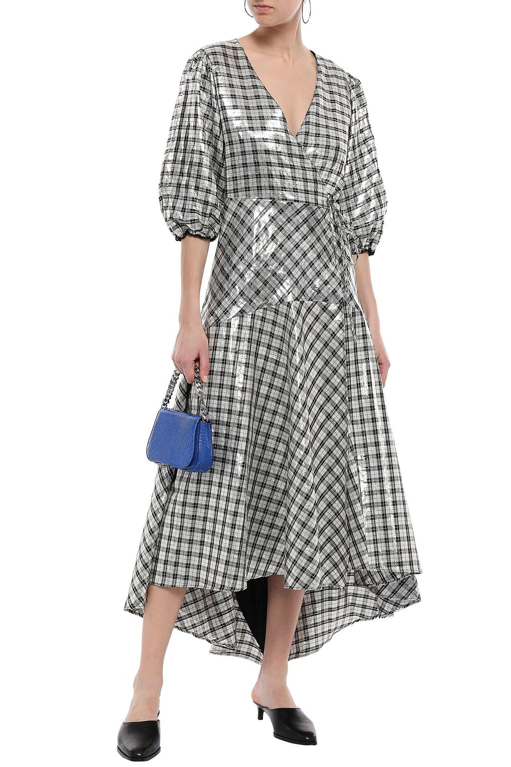 GANNI Checked silk-blend lamé midi wrap dress