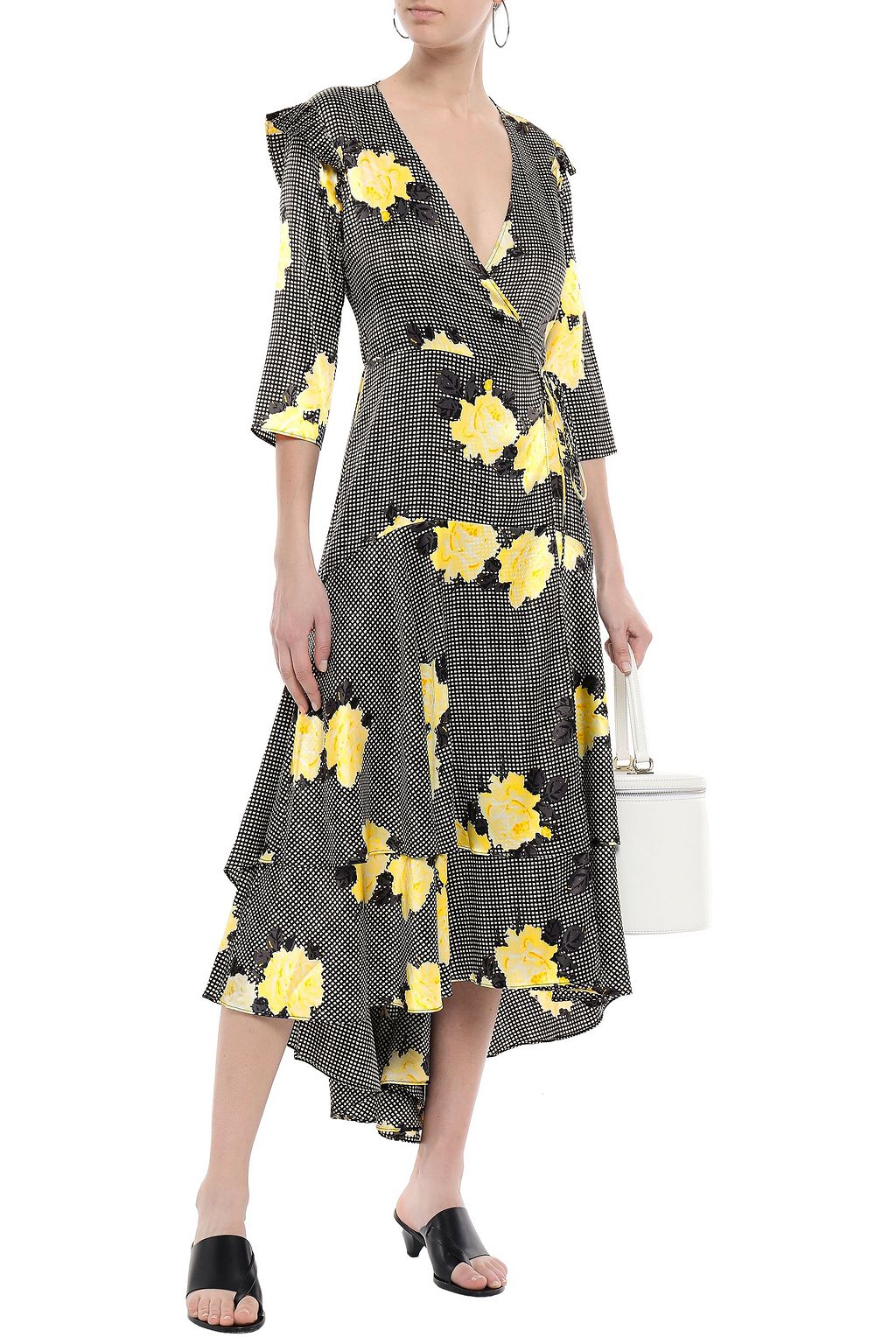 GANNI Calla printed stretch-silk satin midi wrap dress