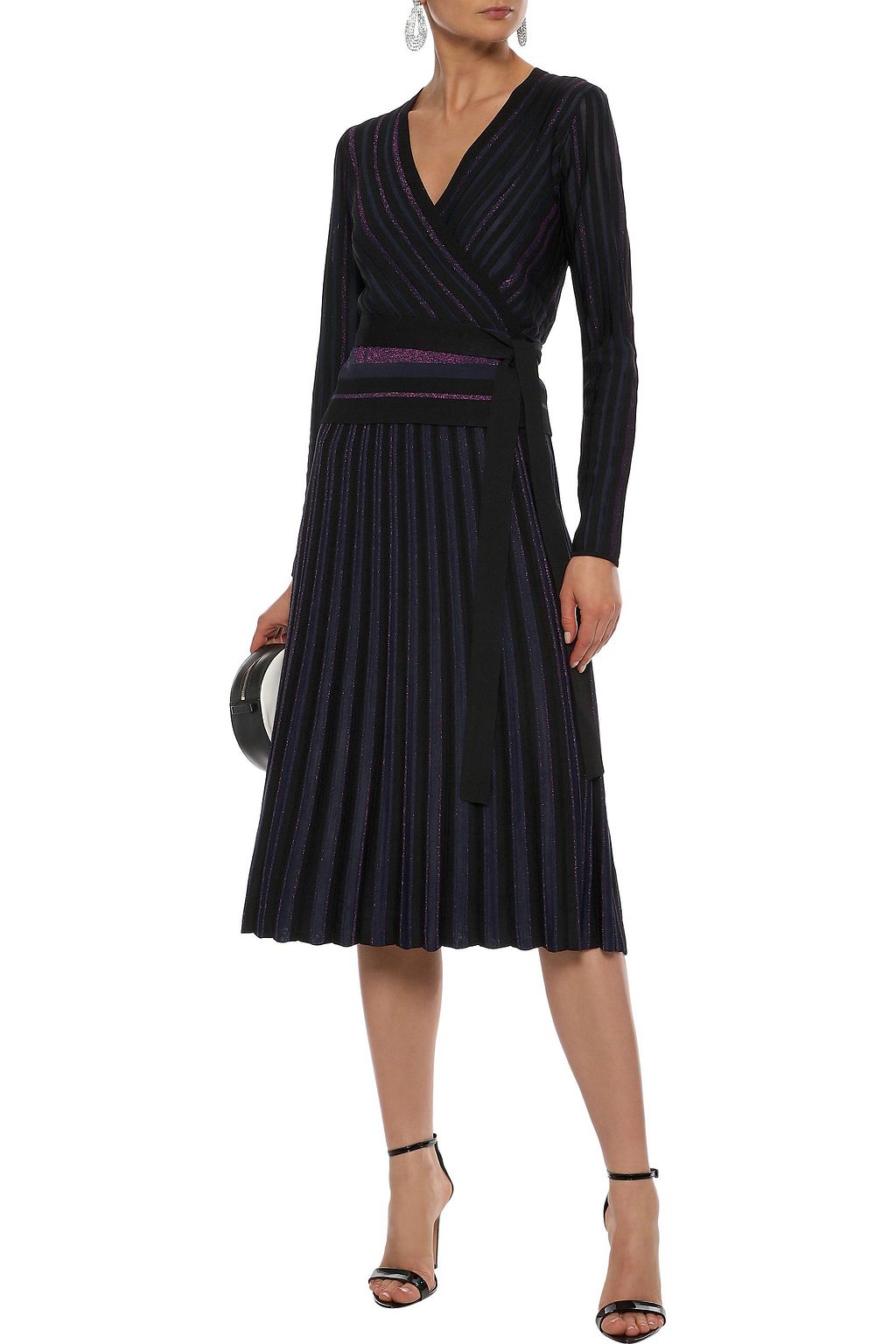 DIANE VON FURSTENBERG Metallic striped ribbed-knit wrap-top