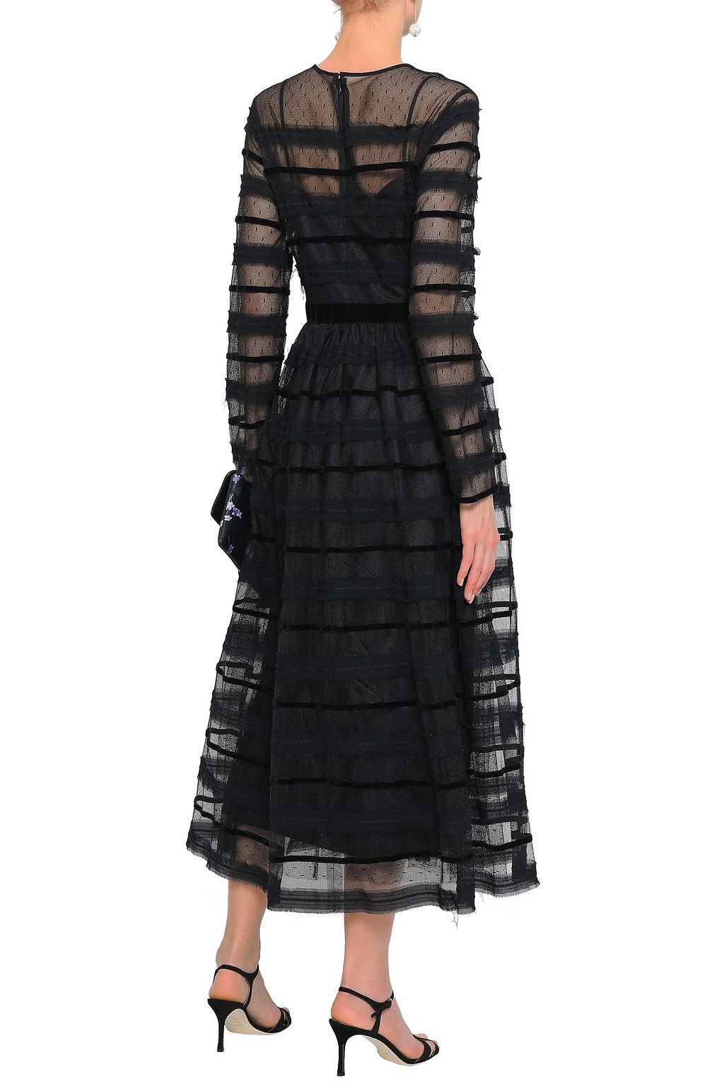 REDVALENTINO Velvet-trimmed frayed point d'esprit midi dress