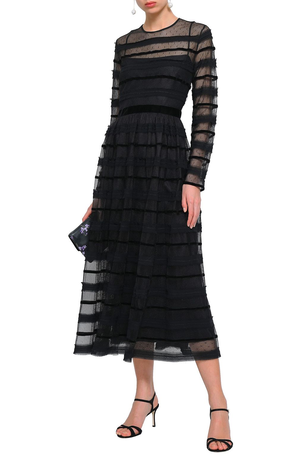 REDVALENTINO Velvet-trimmed frayed point d'esprit midi dress
