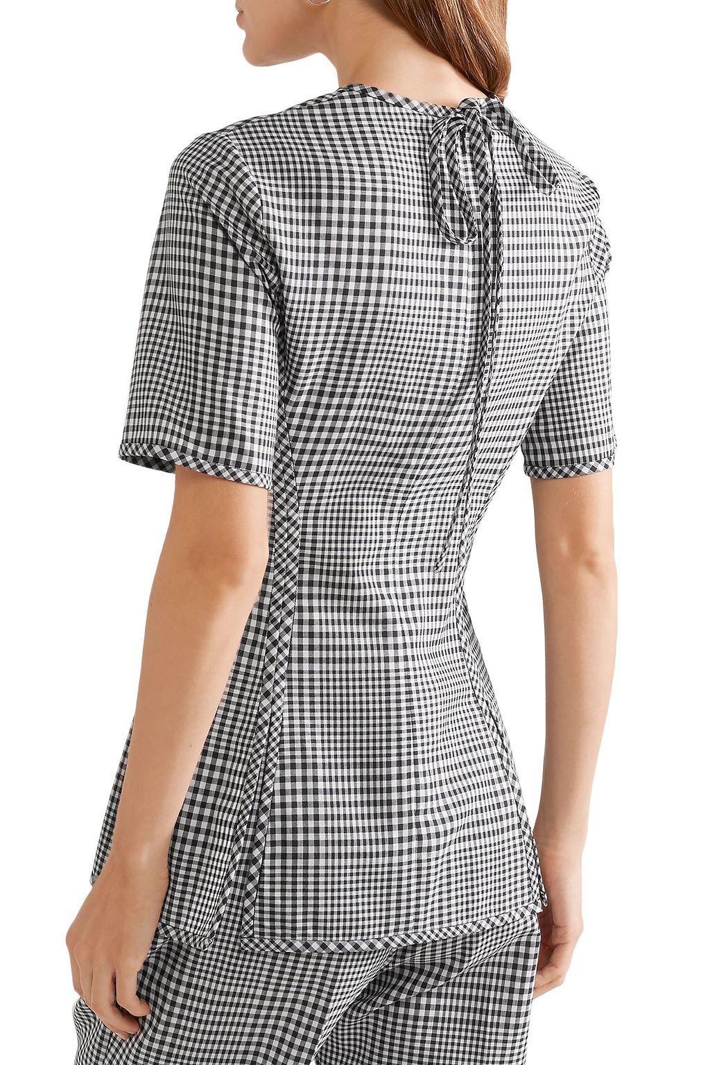 LELA ROSE Button-embellished gingham wool top