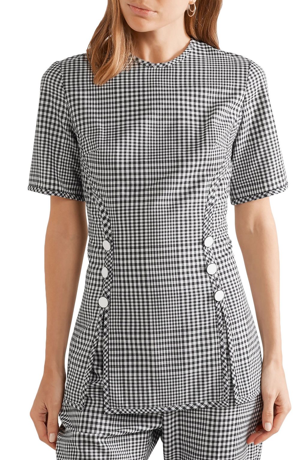 LELA ROSE Button-embellished gingham wool top
