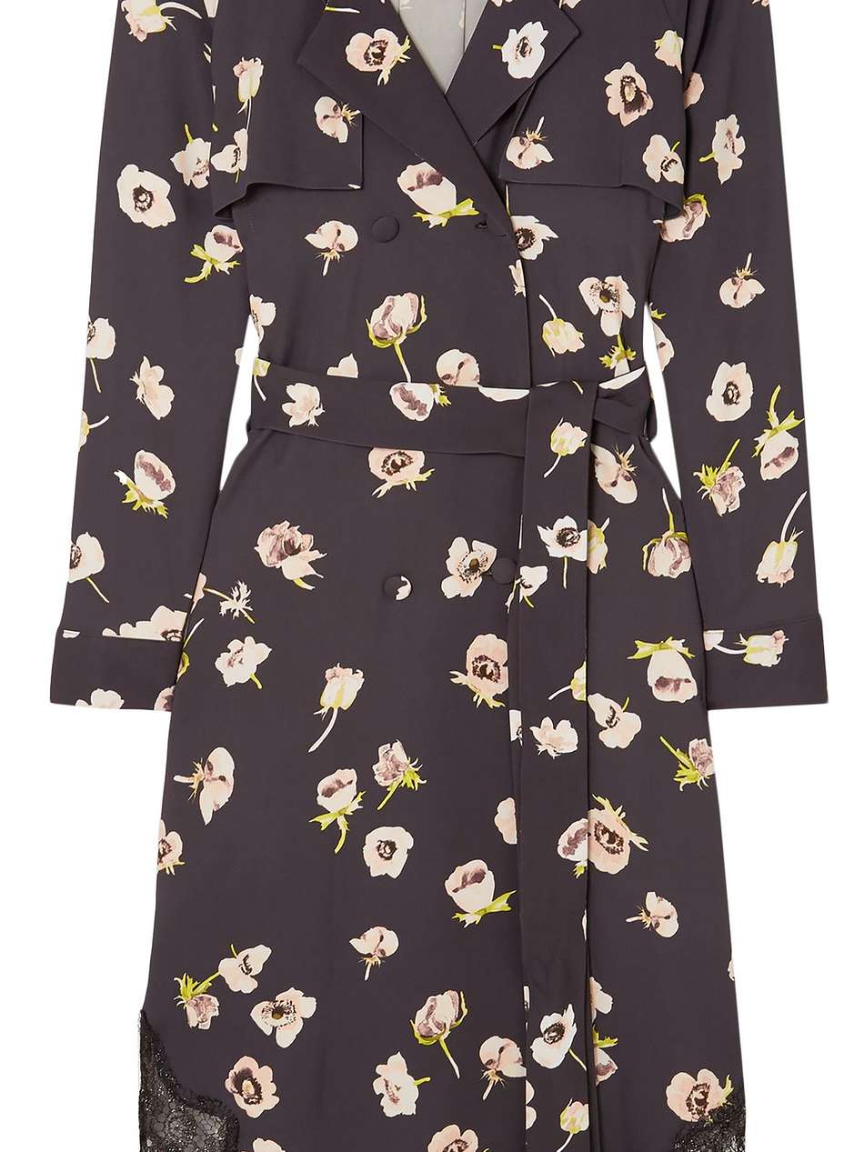 double-breasted lace-trimmed floral-print crepe midi wrap dress