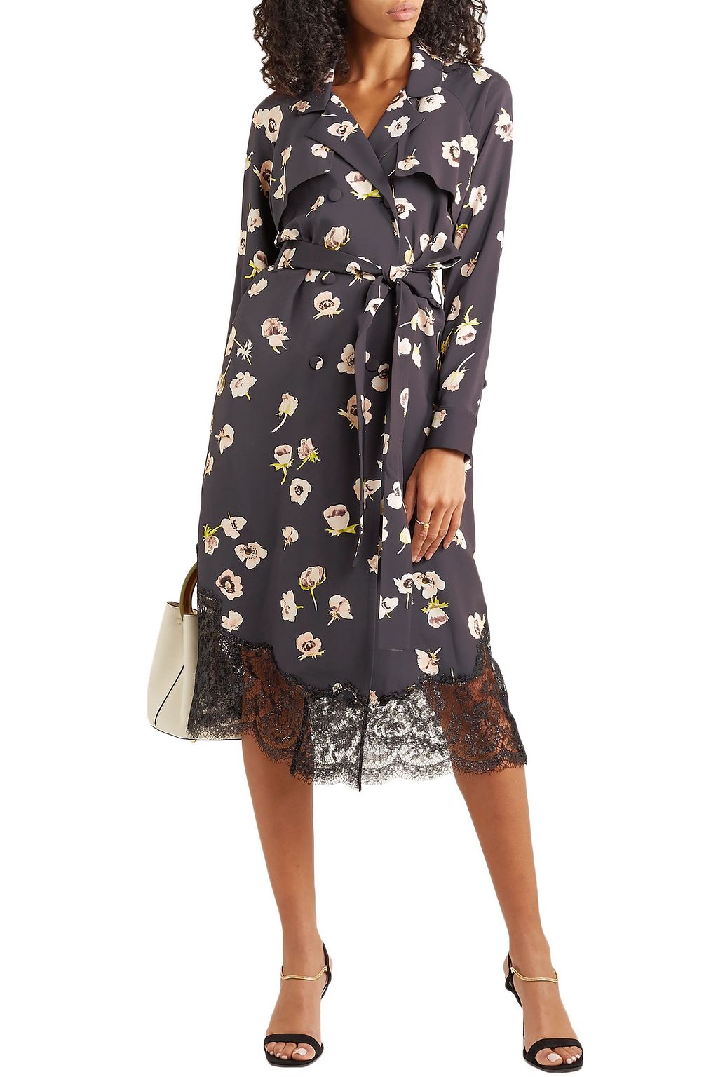 LELA ROSE Double-breasted lace-trimmed floral-print crepe midi wrap dress