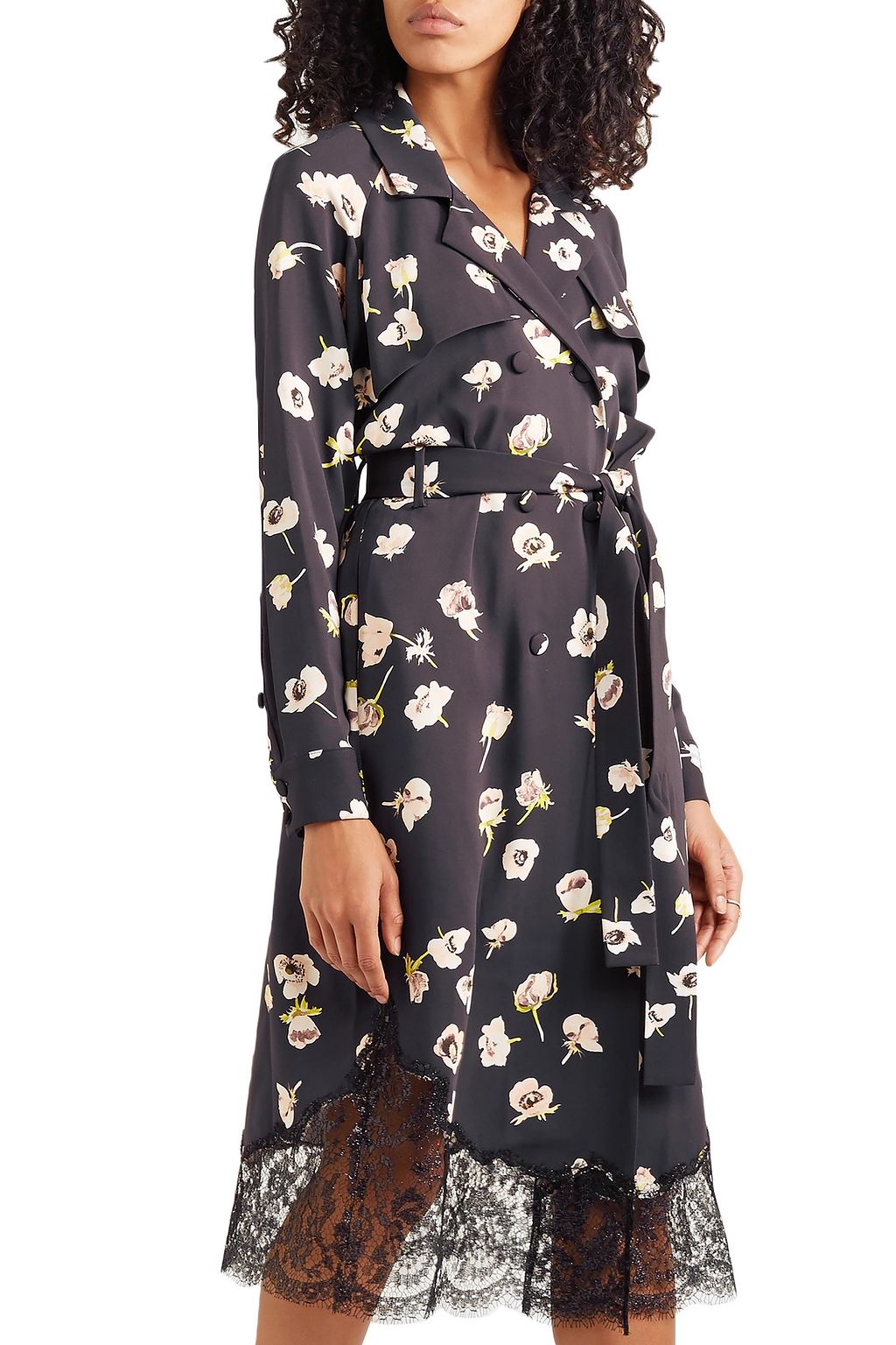 LELA ROSE Double-breasted lace-trimmed floral-print crepe midi wrap dress