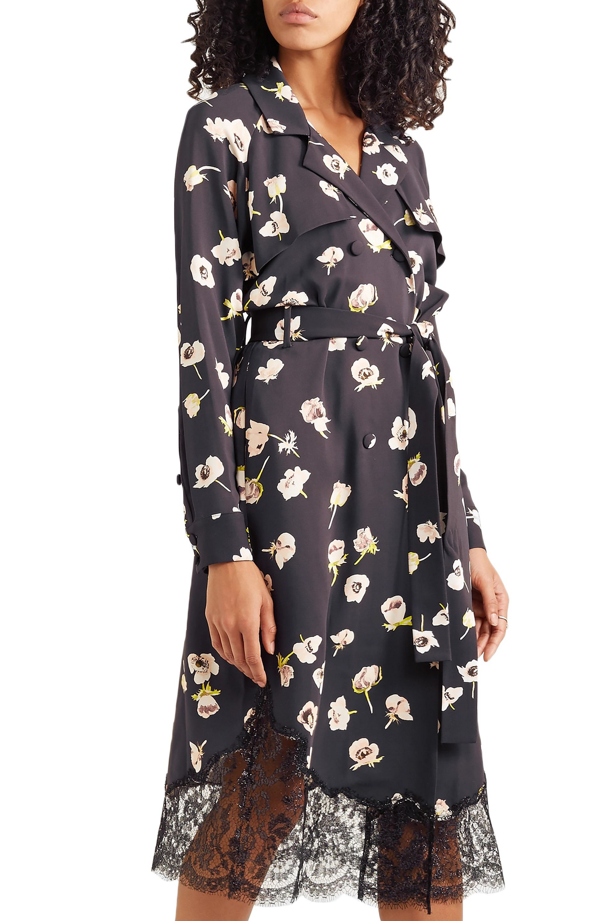 LELA ROSE Double-breasted lace-trimmed floral-print crepe midi wrap dress