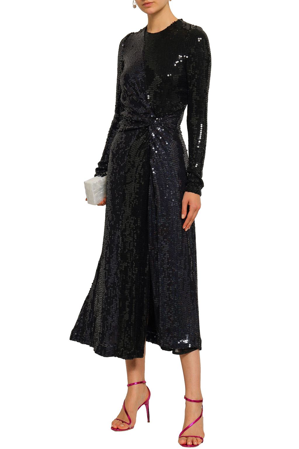 GALVAN  LONDON Twist-front sequined silk midi dress
