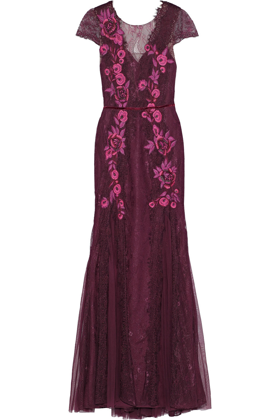marchesa notte - tulle-paneled embellished chantilly lace gown - purple - us 12