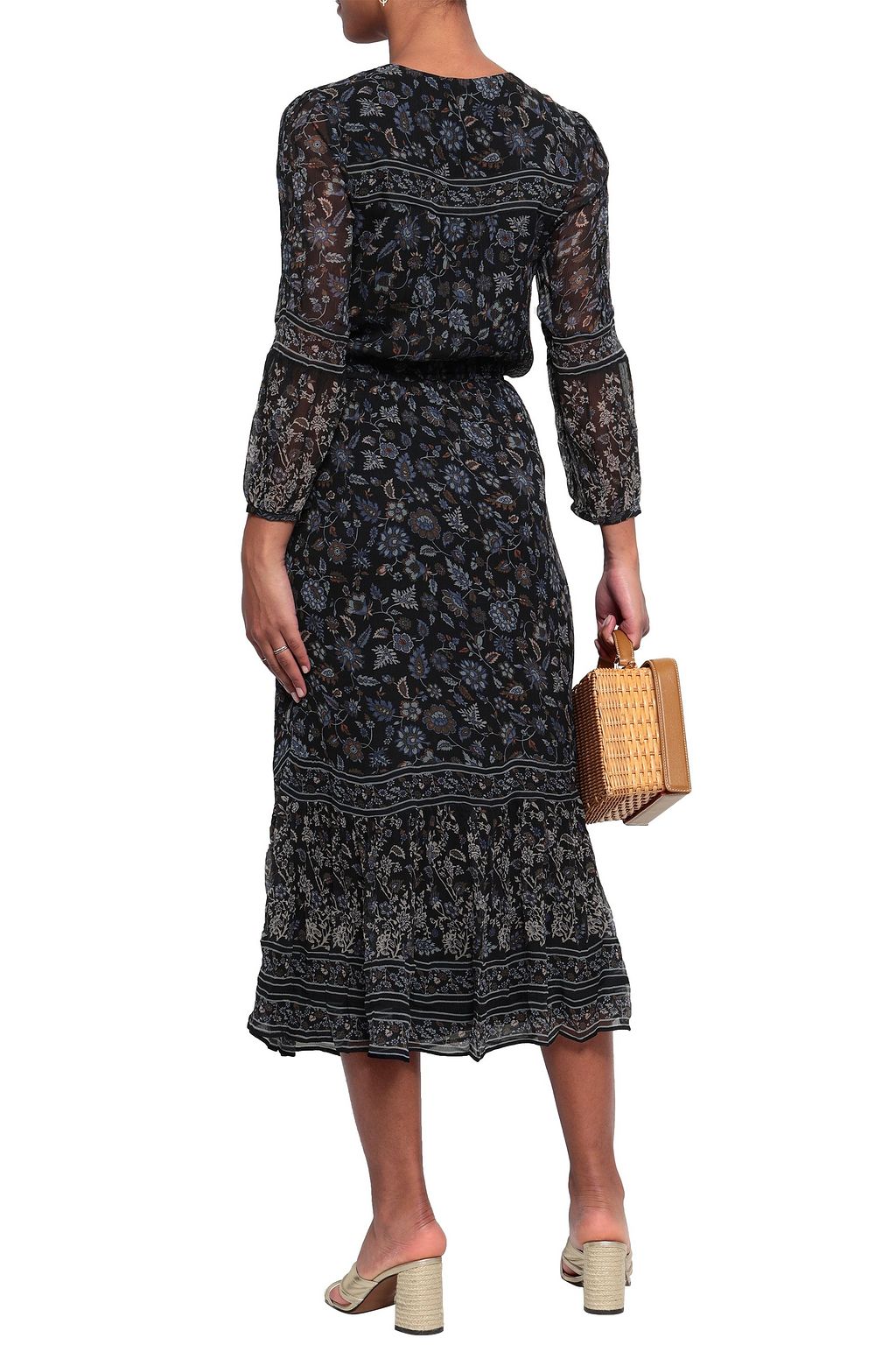 JOIE Gathered crinkled floral-print silk-georgette midi dress