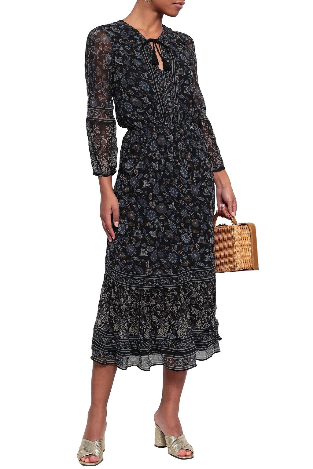 JOIE Gathered crinkled floral-print silk-georgette midi dress