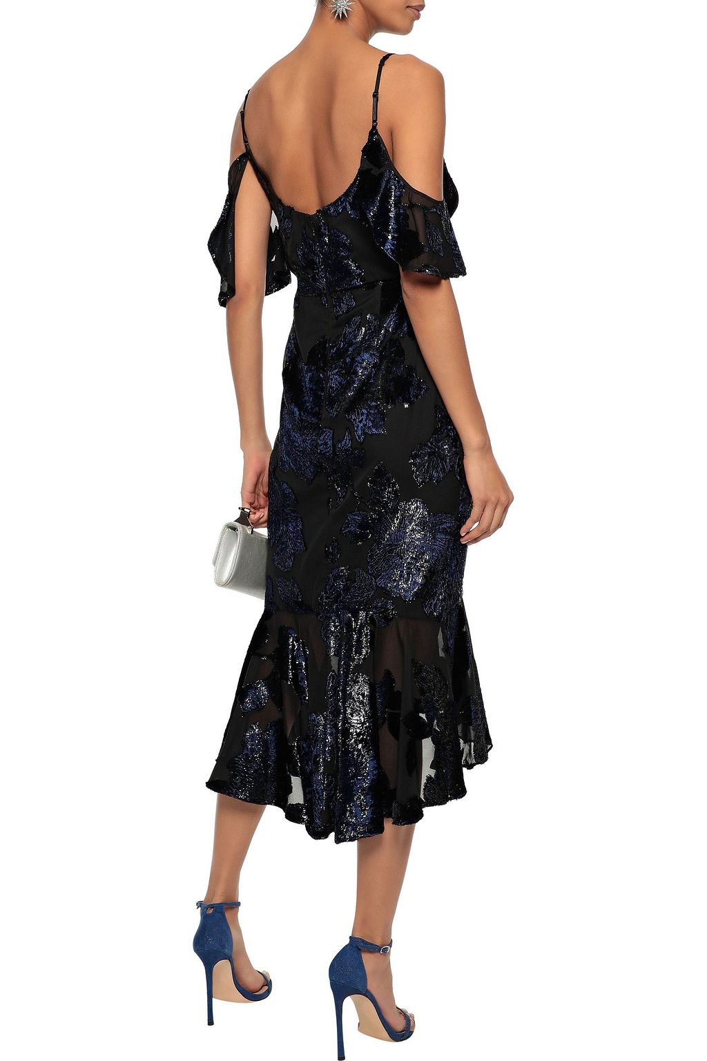 MARCHESA NOTTE Cold-shoulder metallic devoré-velvet midi dress