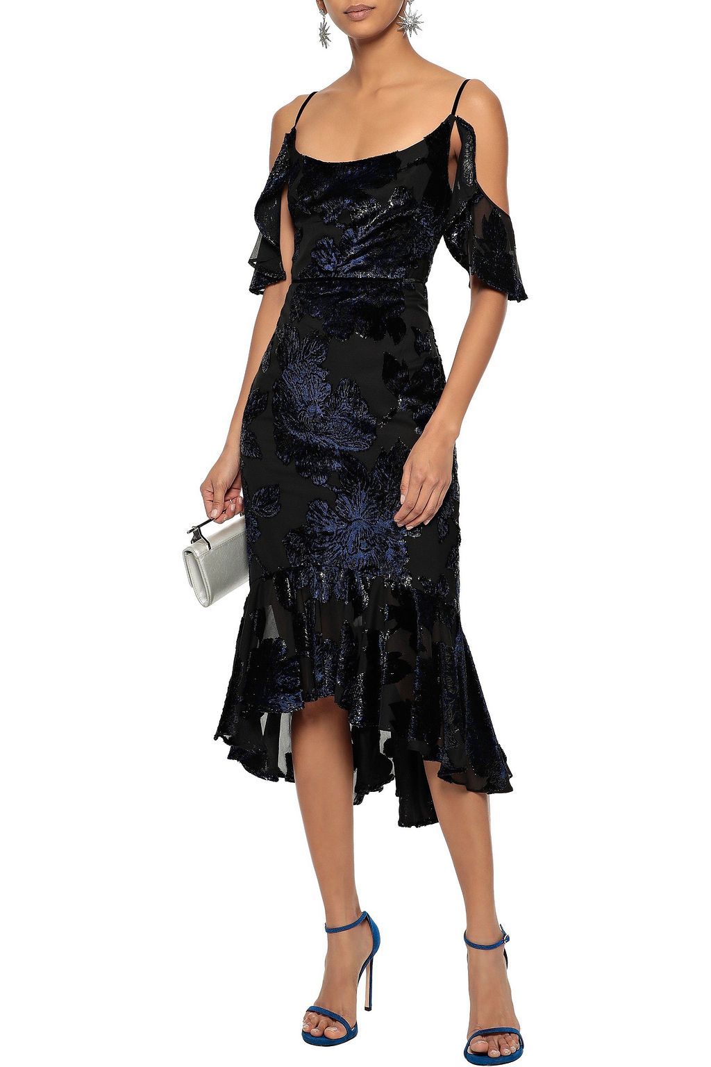 MARCHESA NOTTE Cold-shoulder metallic devoré-velvet midi dress