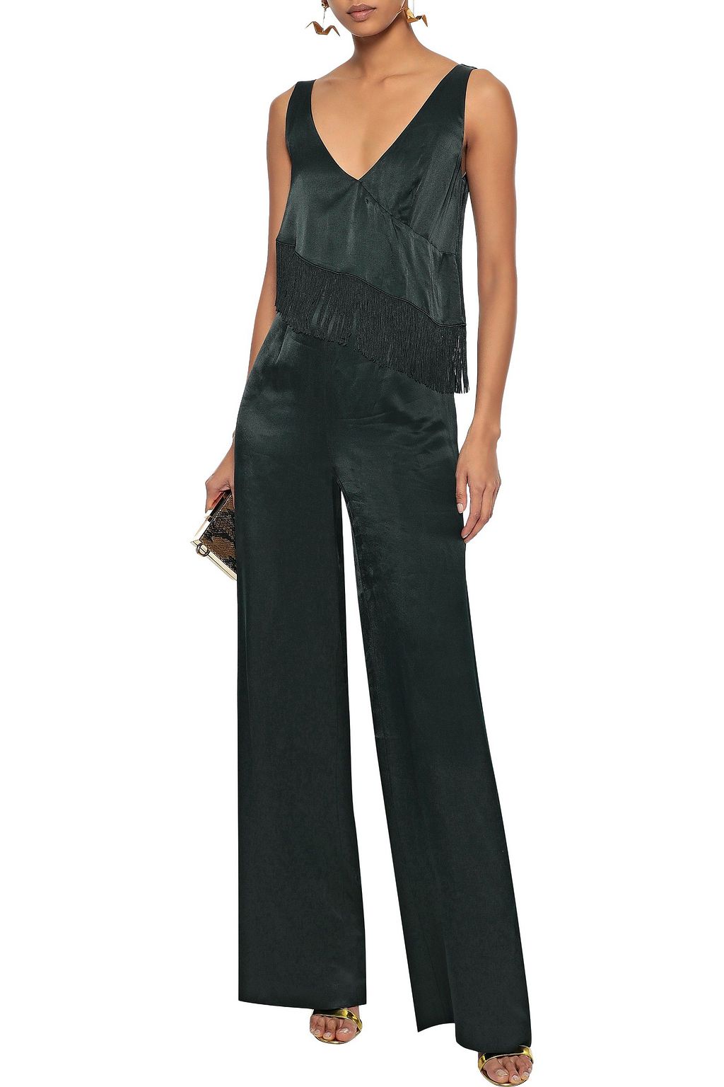 RACHEL ZOE Parker fringe-trimmed layered satin jumpsuit