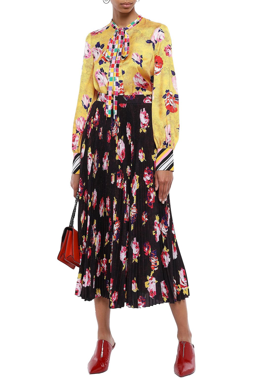 MSGM Pleated floral-print georgette midi skirt