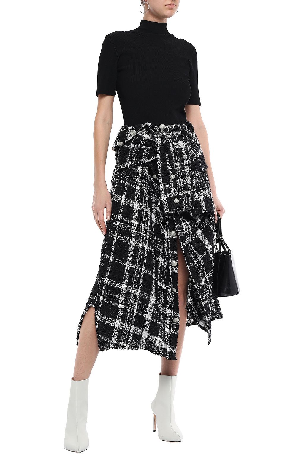FAITH CONNEXION Button-embellished checked bouclé-tweed midi skirt