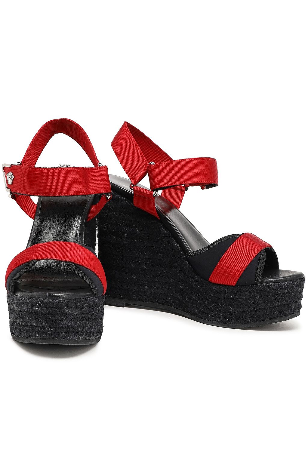VERSACE Scuba-trimmed grosgrain wedge espadrille sandals