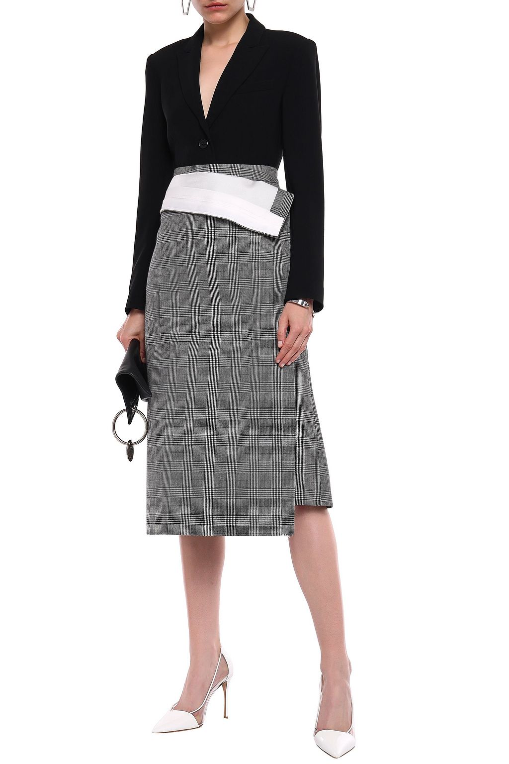 PUSHBUTTON Fold-over Prince of Wales checked wool midi skirt