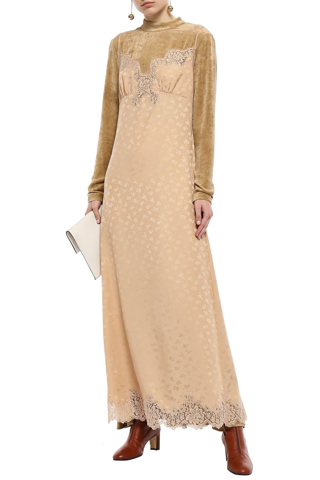 STELLA MCCARTNEY Lace-trimmed velvet and satin-jacquard maxi dress