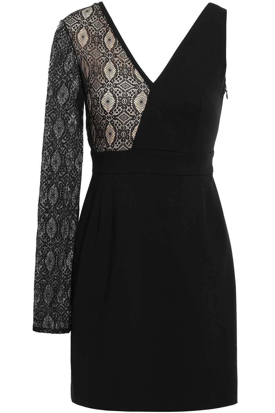 Black Asymmetric Lace Paneled Ponte Mini Dress Sale Up To 70