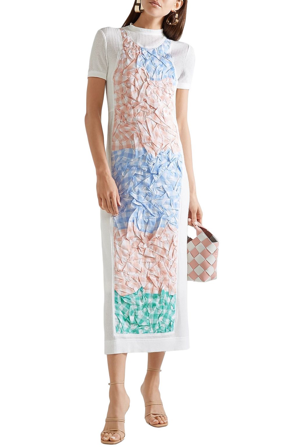 LOEWE Gathered gingham poplin-paneled ribbed cotton-blend midi dress