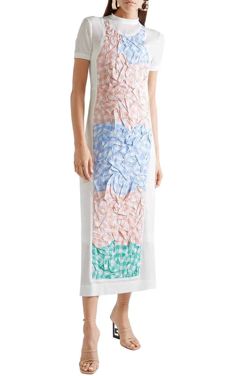 LOEWE Gathered gingham poplin-paneled ribbed cotton-blend midi dress